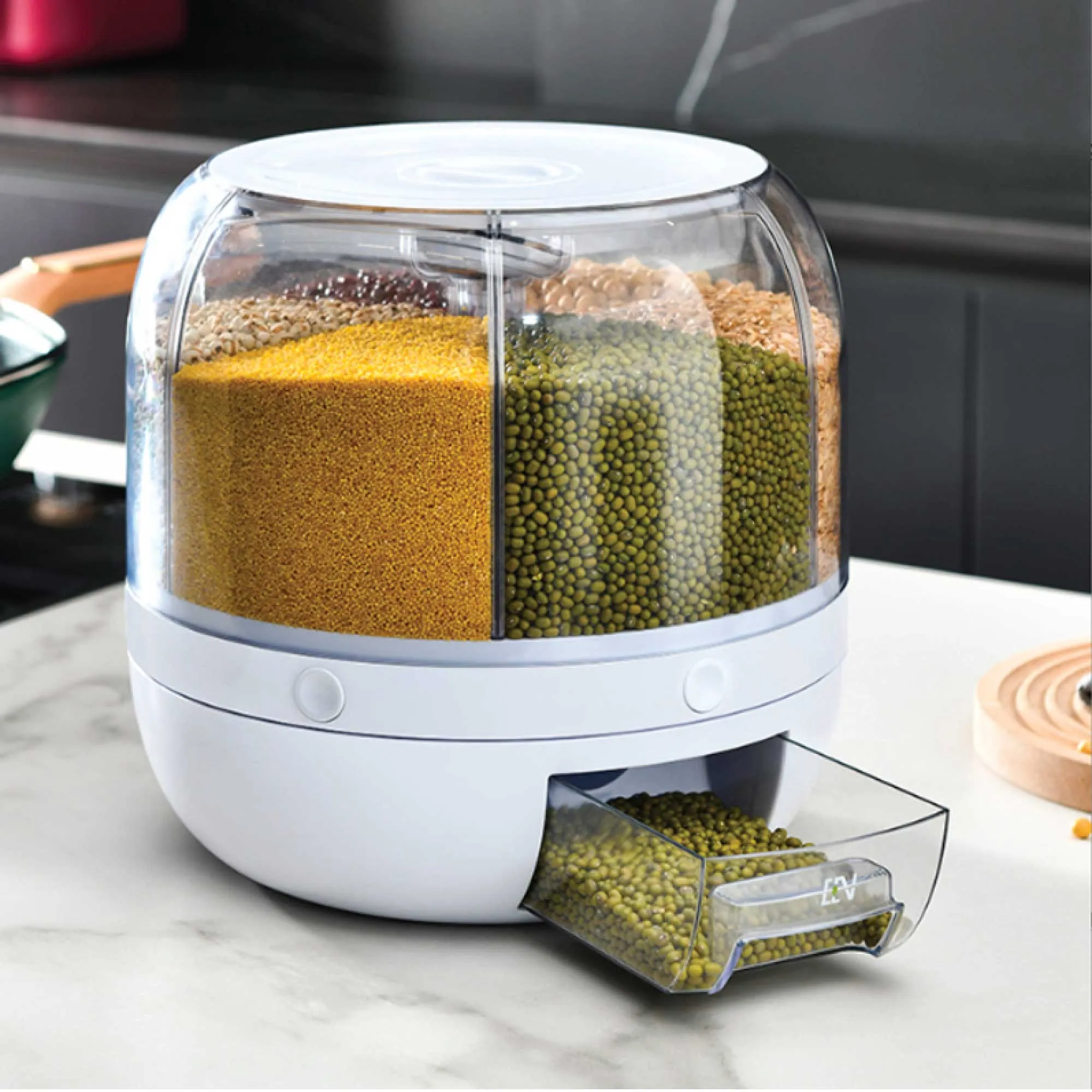 6-Grid Rotating Food & Grain Dispenser | 7.2L | Large Compartment Storage Container