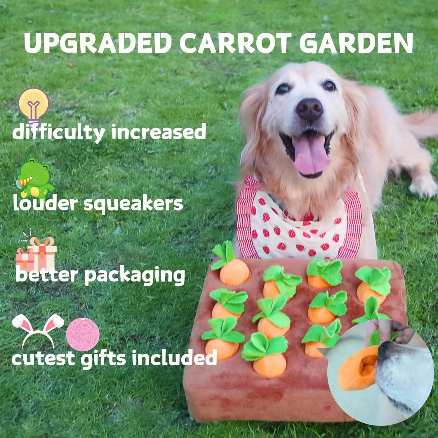 Dog Enrichment Puzzle, Interactive Squeaky Carrot Farm Snuffle Mat for Mental Stimulation and Puppy Brain Training, Small, Medium and Large Dogs (Upgraded Carrots with Treat Pockets)