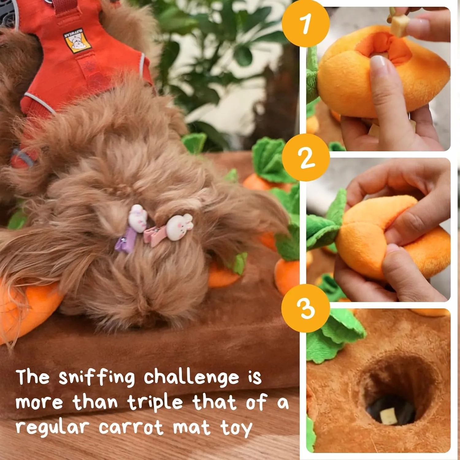Dog Enrichment Puzzle, Interactive Squeaky Carrot Farm Snuffle Mat for Mental Stimulation and Puppy Brain Training, Small, Medium and Large Dogs (Upgraded Carrots with Treat Pockets)