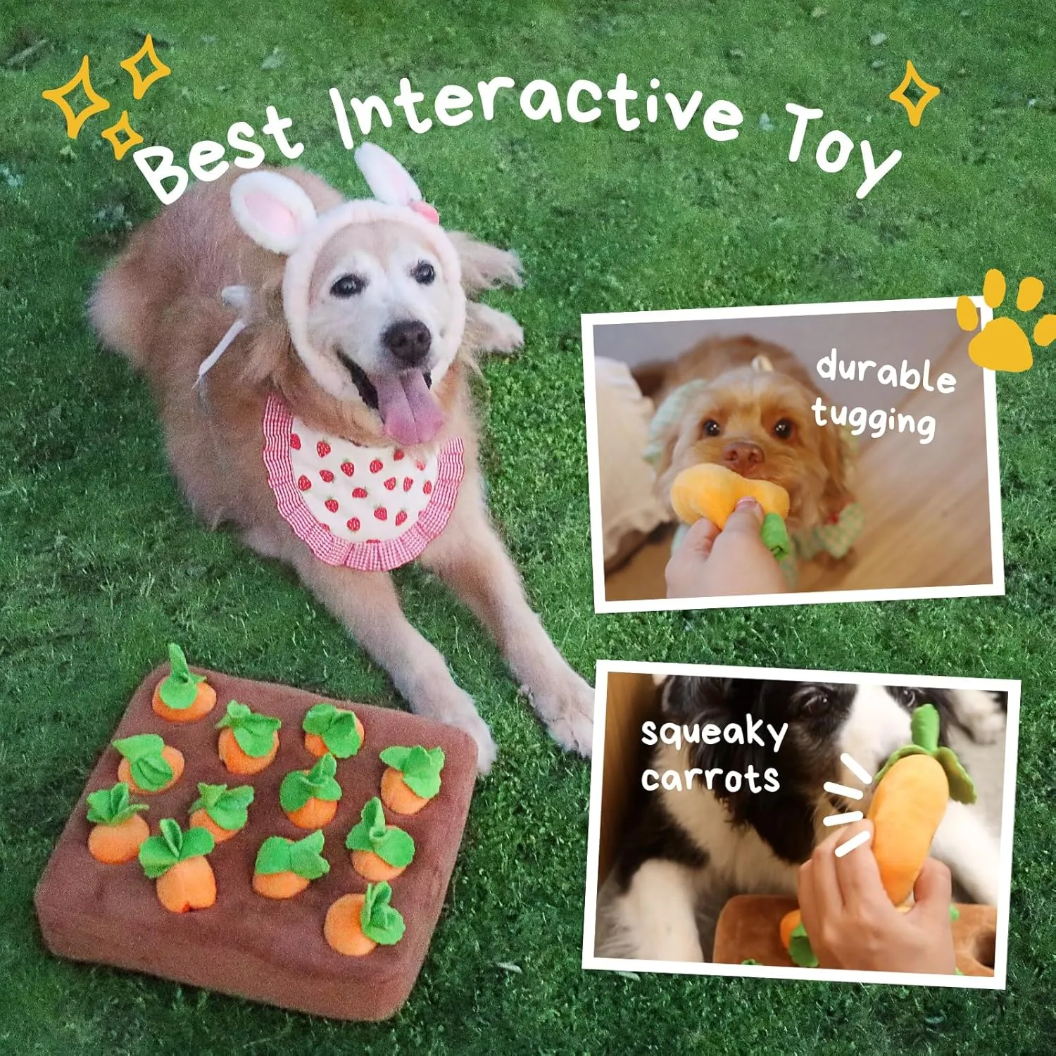 Dog Enrichment Puzzle, Interactive Squeaky Carrot Farm Snuffle Mat for Mental Stimulation and Puppy Brain Training, Small, Medium and Large Dogs (Upgraded Carrots with Treat Pockets)