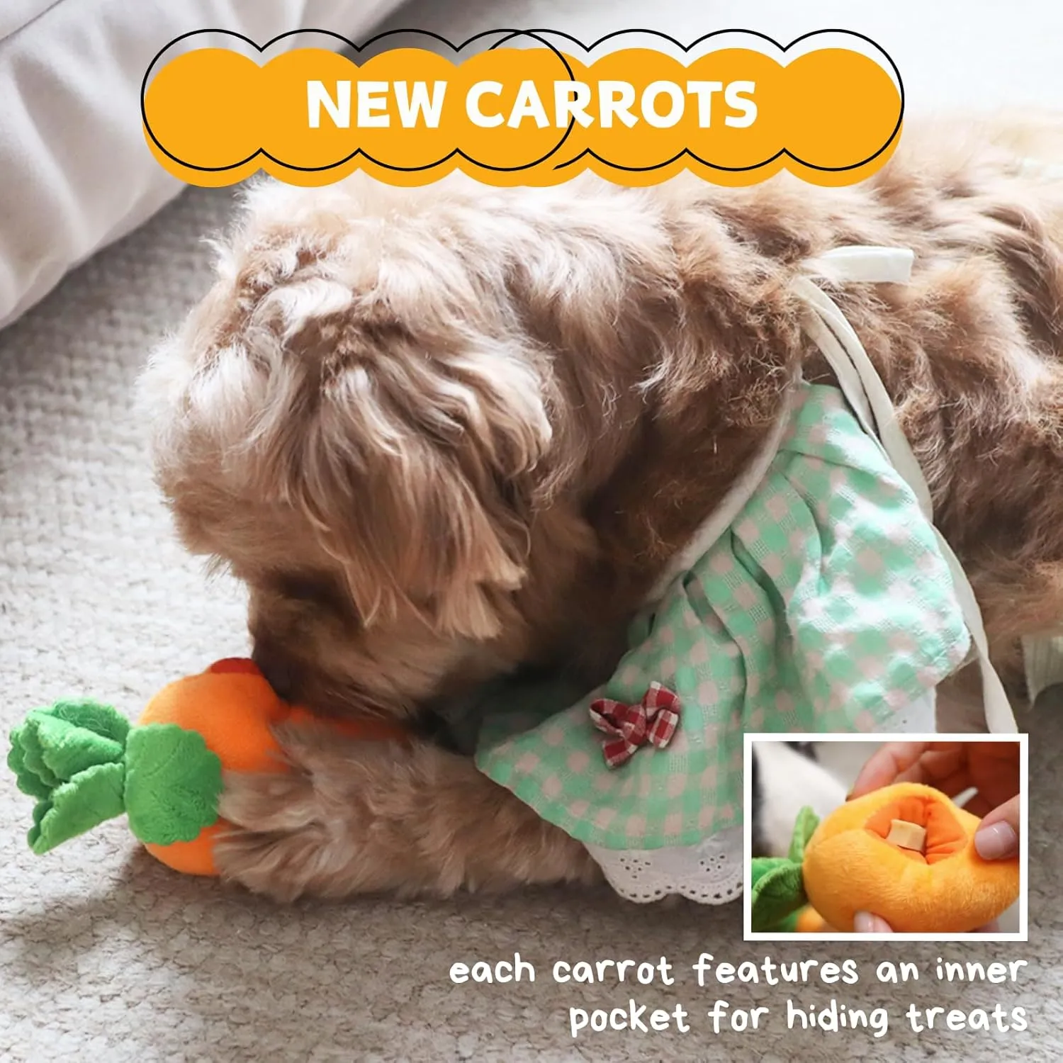 Dog Enrichment Puzzle, Interactive Squeaky Carrot Farm Snuffle Mat for Mental Stimulation and Puppy Brain Training, Small, Medium and Large Dogs (Upgraded Carrots with Treat Pockets)