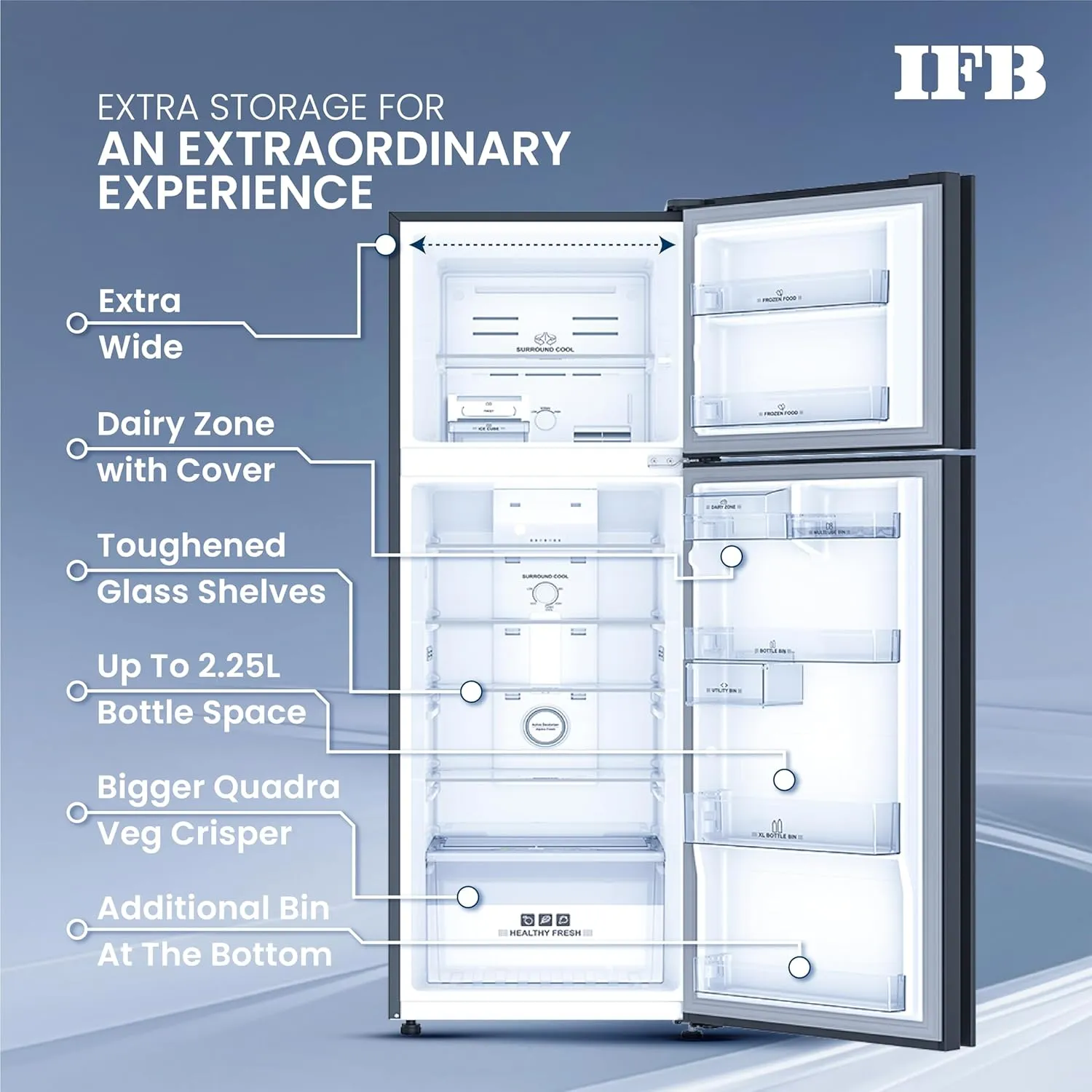 IFB IFBFF-3362IKGT Free Refrigerator 285 Litre | 2 Star | Glass Model | Eco-Cool Series