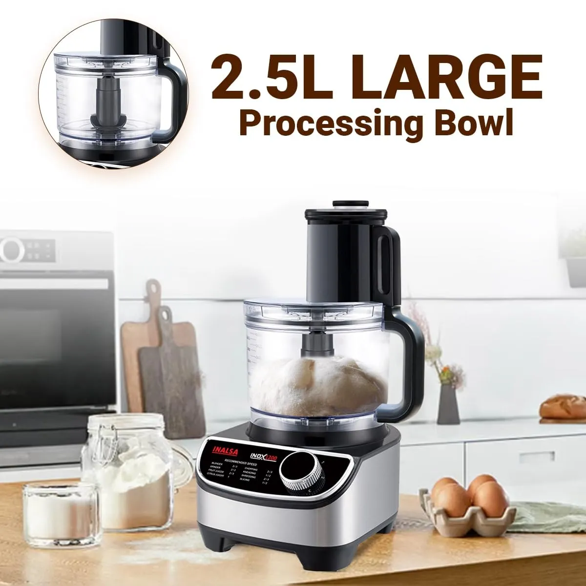 Inalsa INOX 1200W Food Processor with Mixer Grinder & Juicer | 2.5L Bowl, 3 Jars, 12 Attachments, Copper Motor – Black/Silver