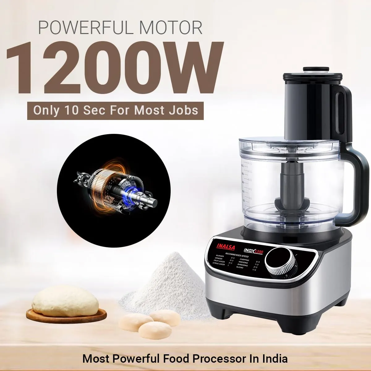 Inalsa INOX 1200W Food Processor with Mixer Grinder & Juicer | 2.5L Bowl, 3 Jars, 12 Attachments, Copper Motor – Black/Silver
