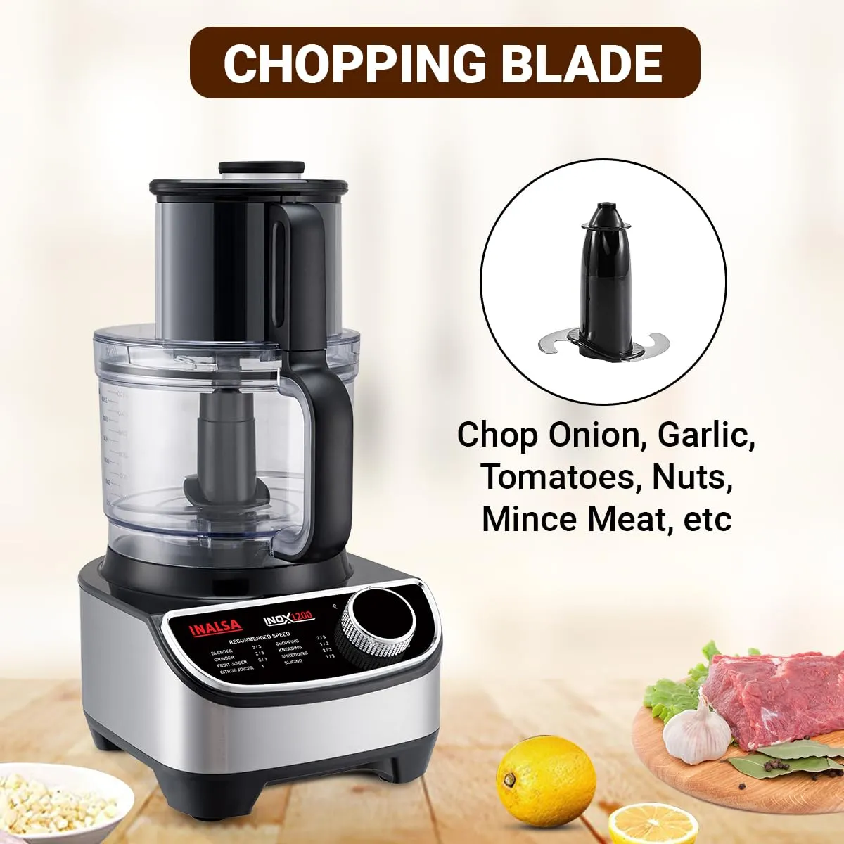 Inalsa INOX 1200W Food Processor with Mixer Grinder & Juicer | 2.5L Bowl, 3 Jars, 12 Attachments, Copper Motor – Black/Silver