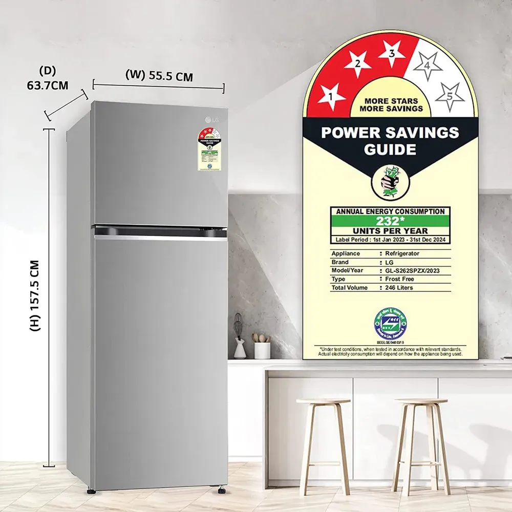 LG GL-N262SPZX 246L 3 Star Frost Free Double Door Refrigerator  Smart Inverter Compressor | Shiny Steel Finish