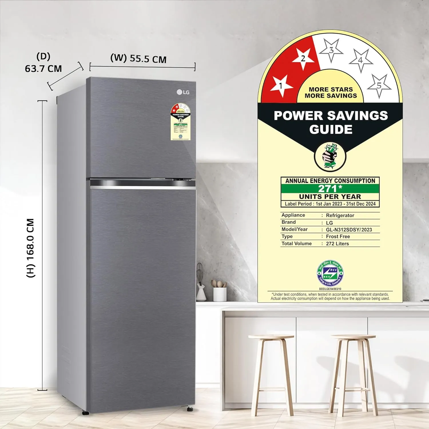 LG GL-N312SDSY 272 L Frost-Free Double Door Refrigerator | Smart Inverter Compressor | Express Freeze | 2 Star Energy Rating | Dazzle Steel