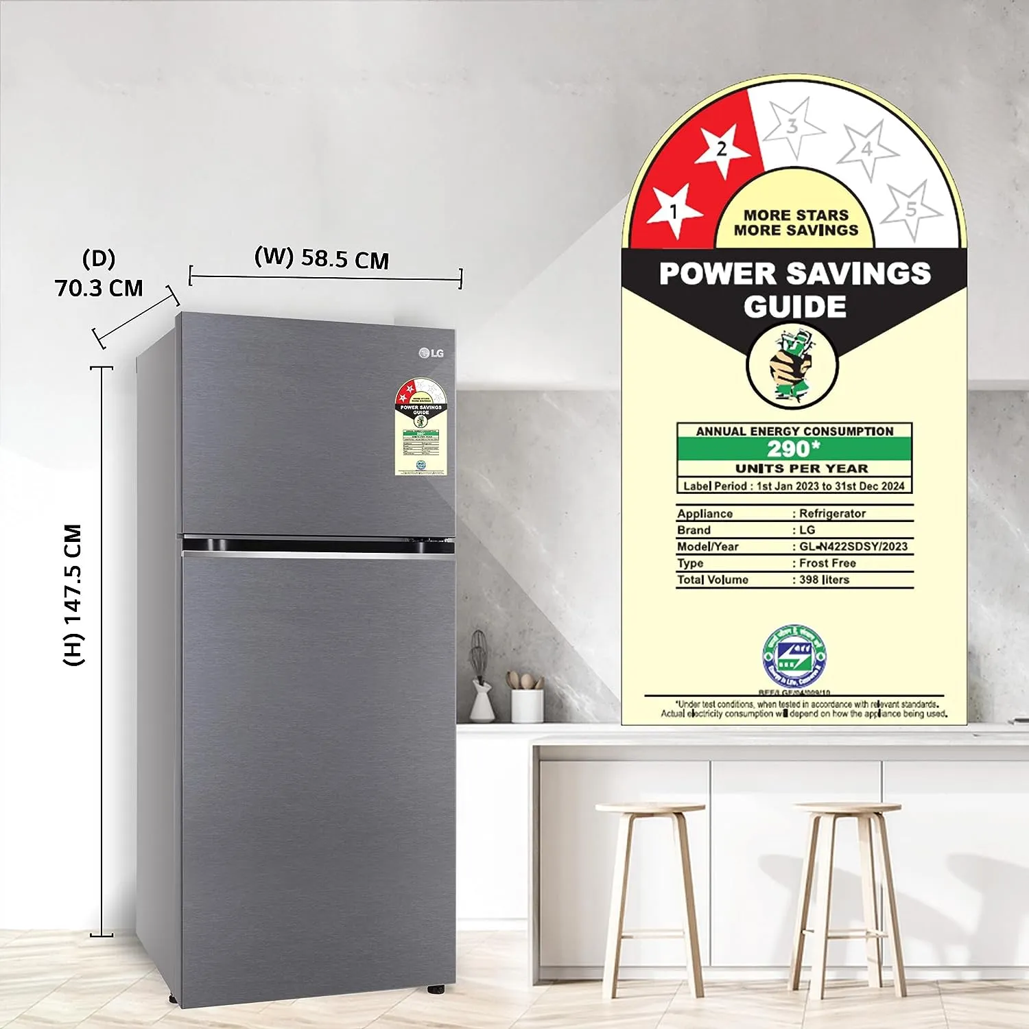 LG GL-N422SDSY 398 L 2 Star Frost-Free Smart Inverter Double Door Refrigerator ( Dazzle Steel, Express Freeze, Gross Volume – 423 Ltr.)