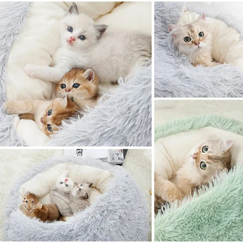 Plush Pet Bedautumn And Winter Soft Plush Round Cushion House 2 In 1  Semi-enclosed Shell Shape Cat Nest Kennel Small Dog Bed