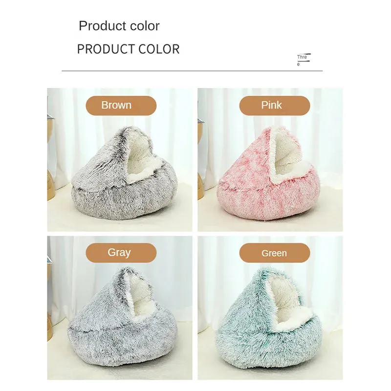 Plush Pet Bedautumn And Winter Soft Plush Round Cushion House 2 In 1  Semi-enclosed Shell Shape Cat Nest Kennel Small Dog Bed