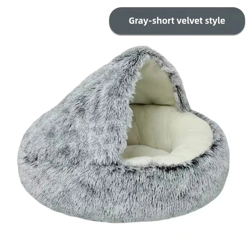 Plush Pet Bedautumn And Winter Soft Plush Round Cushion House 2 In 1  Semi-enclosed Shell Shape Cat Nest Kennel Small Dog Bed