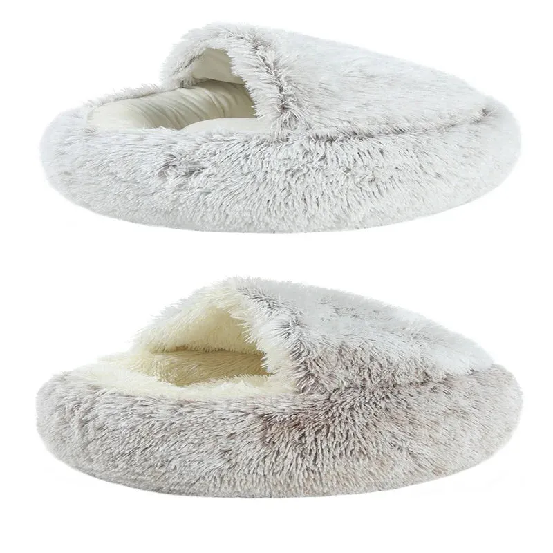 Plush Pet Bedautumn And Winter Soft Plush Round Cushion House 2 In 1  Semi-enclosed Shell Shape Cat Nest Kennel Small Dog Bed
