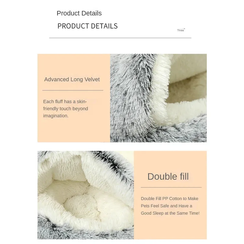 Plush Pet Bedautumn And Winter Soft Plush Round Cushion House 2 In 1  Semi-enclosed Shell Shape Cat Nest Kennel Small Dog Bed
