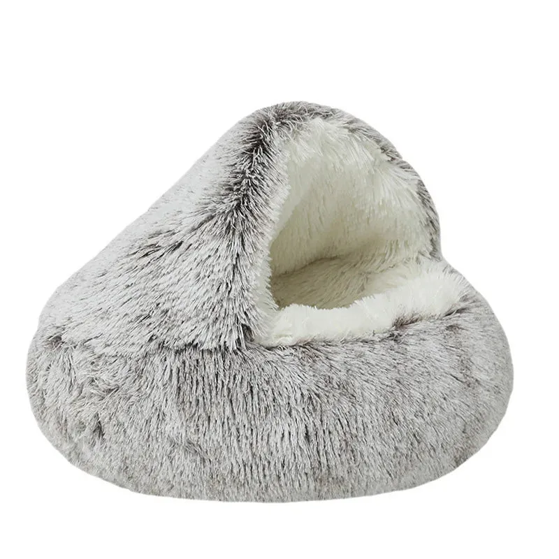 Plush Pet Bedautumn And Winter Soft Plush Round Cushion House 2 In 1  Semi-enclosed Shell Shape Cat Nest Kennel Small Dog Bed