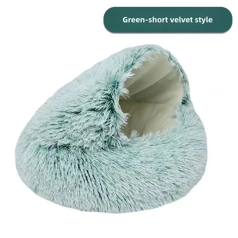 Plush Pet Bedautumn And Winter Soft Plush Round Cushion House 2 In 1  Semi-enclosed Shell Shape Cat Nest Kennel Small Dog Bed