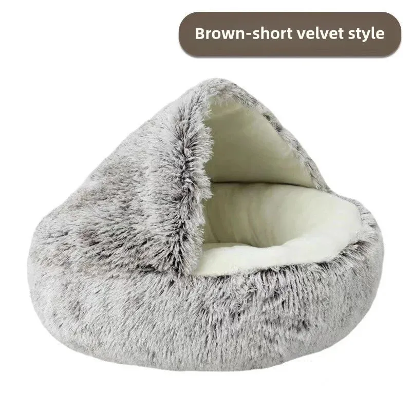 Plush Pet Bedautumn And Winter Soft Plush Round Cushion House 2 In 1  Semi-enclosed Shell Shape Cat Nest Kennel Small Dog Bed