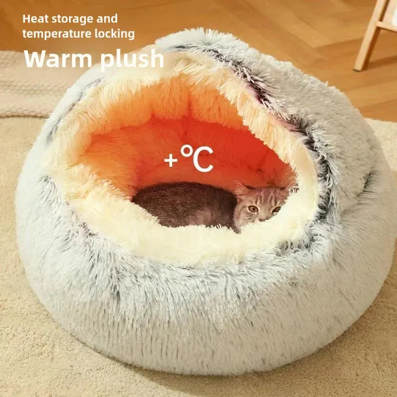 Plush Pet Bedautumn And Winter Soft Plush Round Cushion House 2 In 1  Semi-enclosed Shell Shape Cat Nest Kennel Small Dog Bed