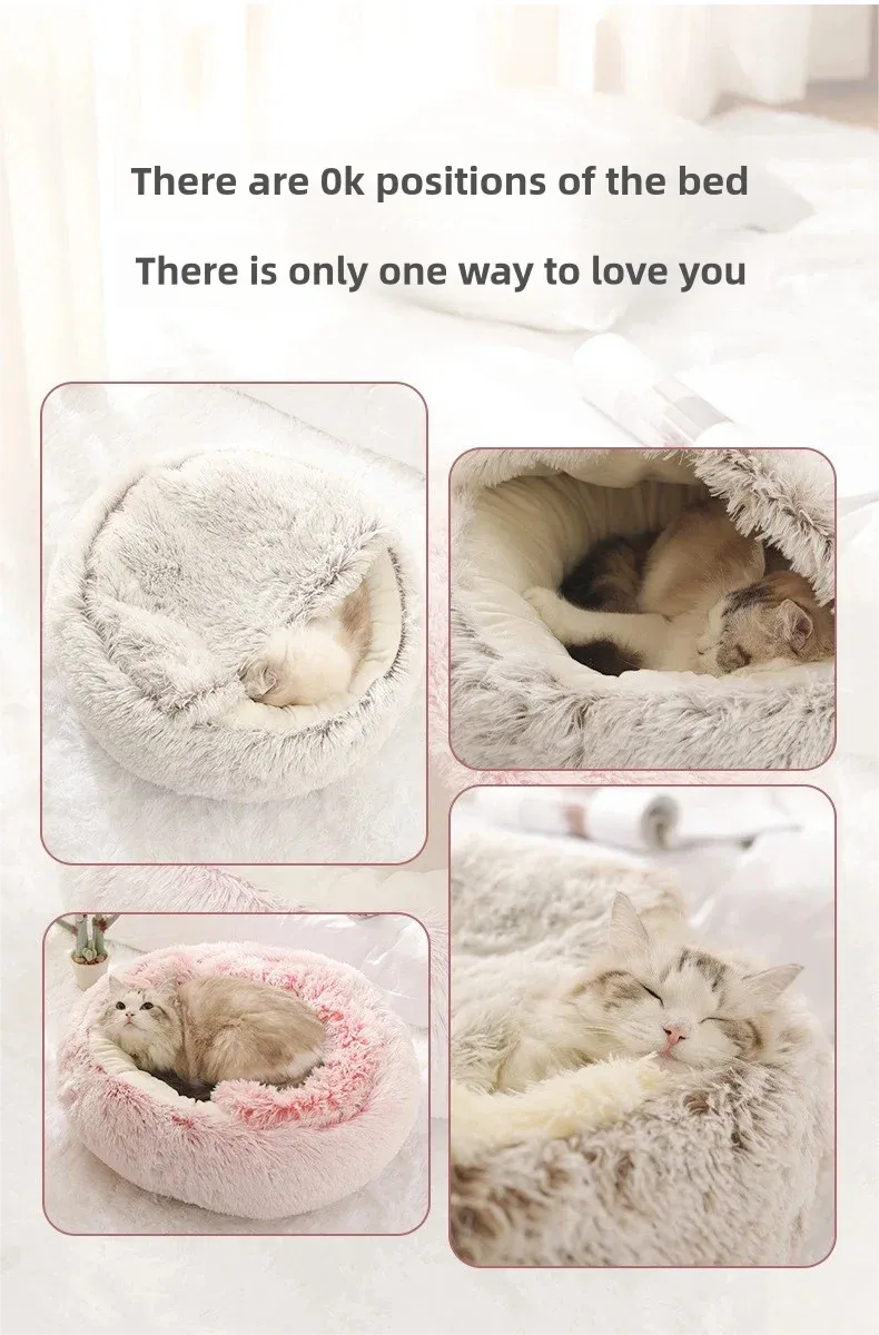 Plush Pet Bedautumn And Winter Soft Plush Round Cushion House 2 In 1  Semi-enclosed Shell Shape Cat Nest Kennel Small Dog Bed