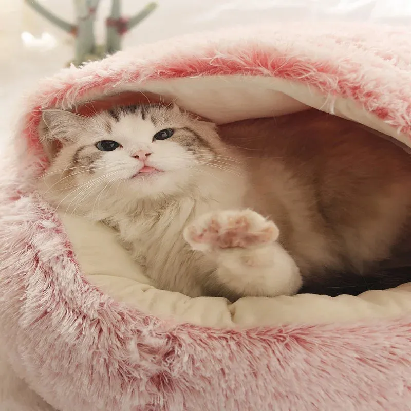 Plush Pet Bedautumn And Winter Soft Plush Round Cushion House 2 In 1  Semi-enclosed Shell Shape Cat Nest Kennel Small Dog Bed
