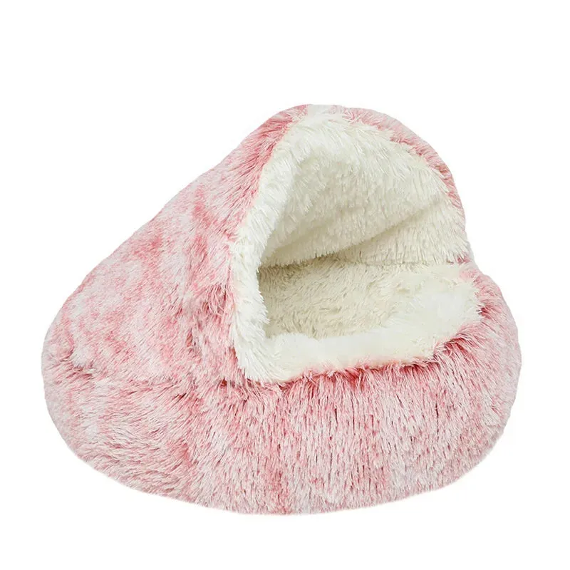 Plush Pet Bedautumn And Winter Soft Plush Round Cushion House 2 In 1  Semi-enclosed Shell Shape Cat Nest Kennel Small Dog Bed