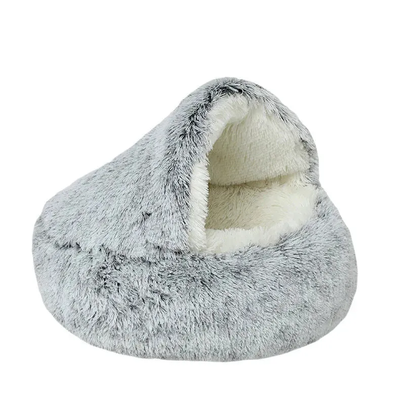 Plush Pet Bedautumn And Winter Soft Plush Round Cushion House 2 In 1  Semi-enclosed Shell Shape Cat Nest Kennel Small Dog Bed
