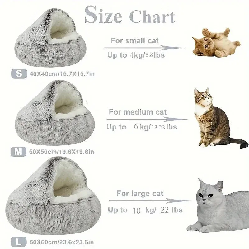 Plush Pet Bedautumn And Winter Soft Plush Round Cushion House 2 In 1  Semi-enclosed Shell Shape Cat Nest Kennel Small Dog Bed