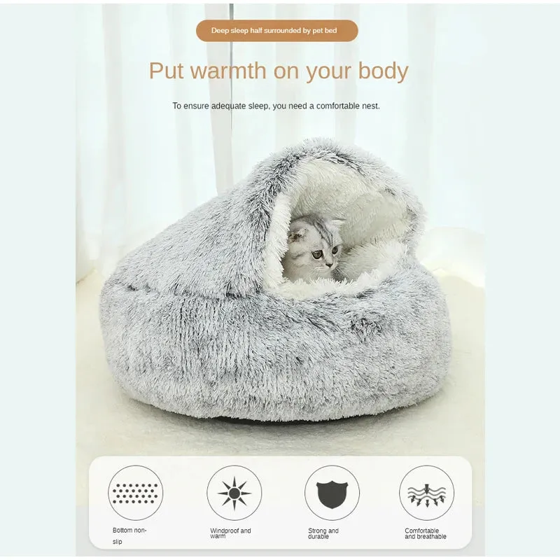 Plush Pet Bedautumn And Winter Soft Plush Round Cushion House 2 In 1  Semi-enclosed Shell Shape Cat Nest Kennel Small Dog Bed