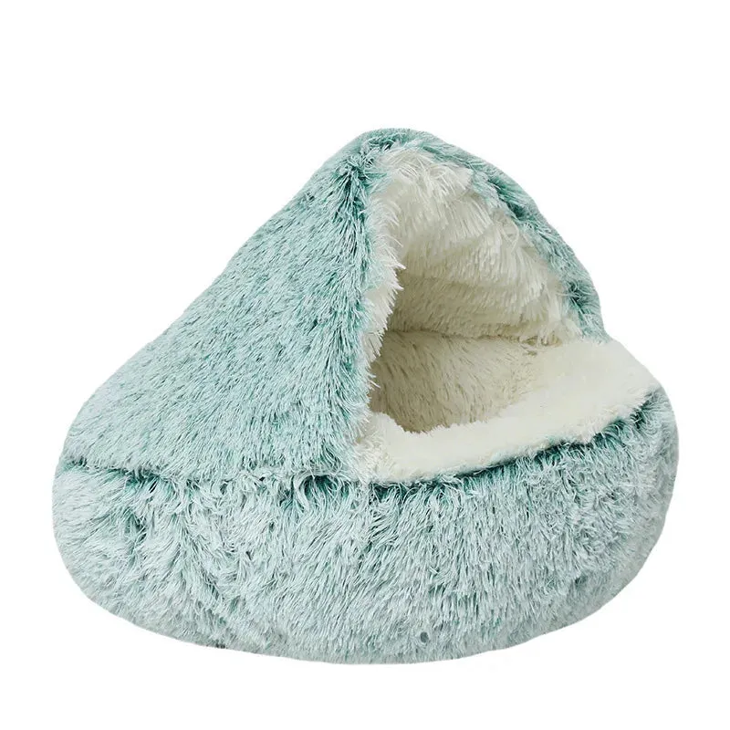 Plush Pet Bedautumn And Winter Soft Plush Round Cushion House 2 In 1  Semi-enclosed Shell Shape Cat Nest Kennel Small Dog Bed