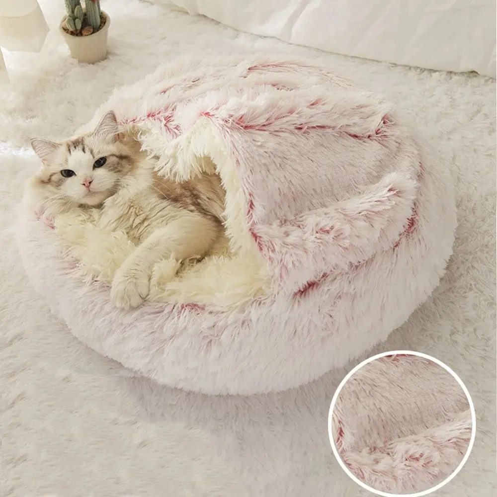 Warm Long Plush Pet Bed Enclosed Round Cat Cushion Comfortable Sleep Bag Cat Nest Kennel For Small Pet