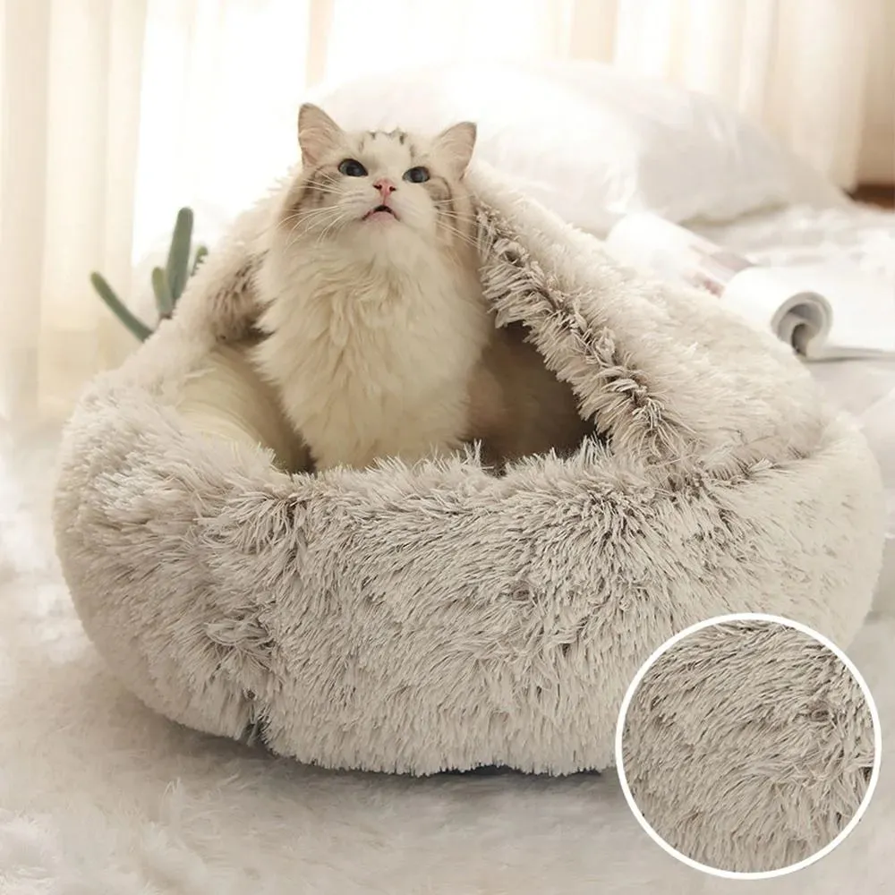 Warm Long Plush Pet Bed Enclosed Round Cat Cushion Comfortable Sleep Bag Cat Nest Kennel For Small Pet